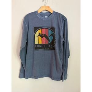 Blue long sleeve shirt Long Beach Island with rainbow and surfer